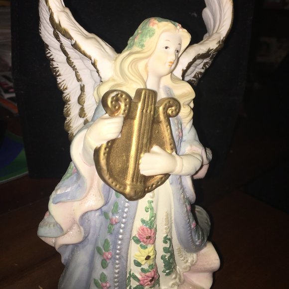 ANGEL STATUE WITH HARP NEW FIGURINE FLORAL DRESS